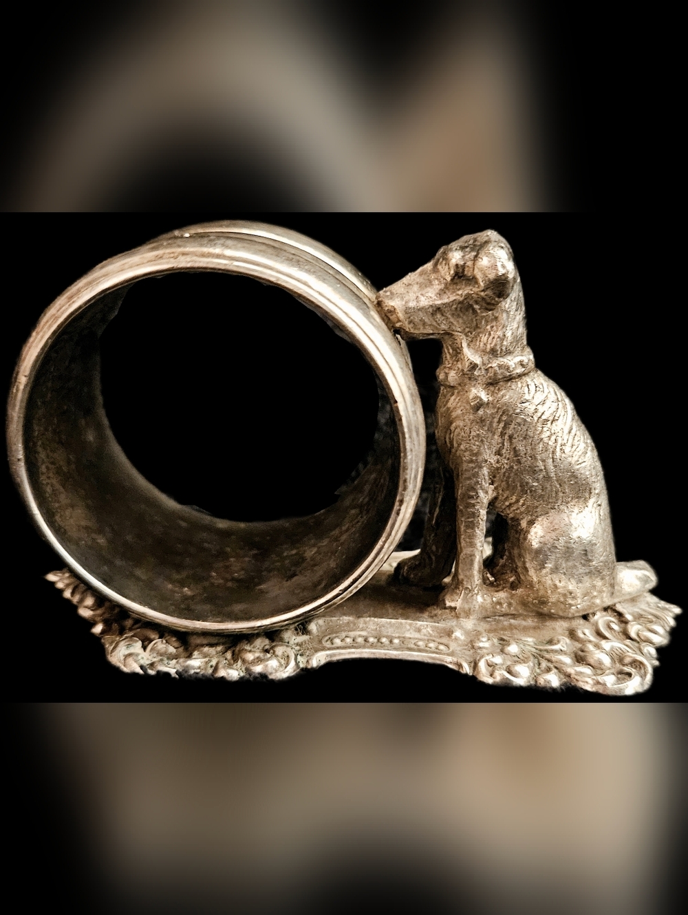 Vintage Antique Silverplate Figural Dog Napkin Ring Ornate Base Rare Collectible